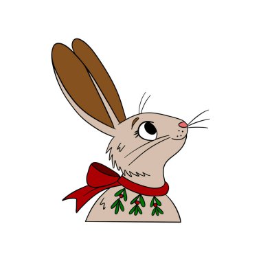 Cute Christmas rabbit in festive style with holiday decorations. Cheerful and cozy New Year character