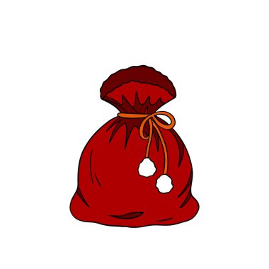 Santa Claus sack bag filled with Christmas gifts and festive decorations. Cozy holiday illustration greeting cards, invitations, seasonal posters, postcards. Christmas element collection