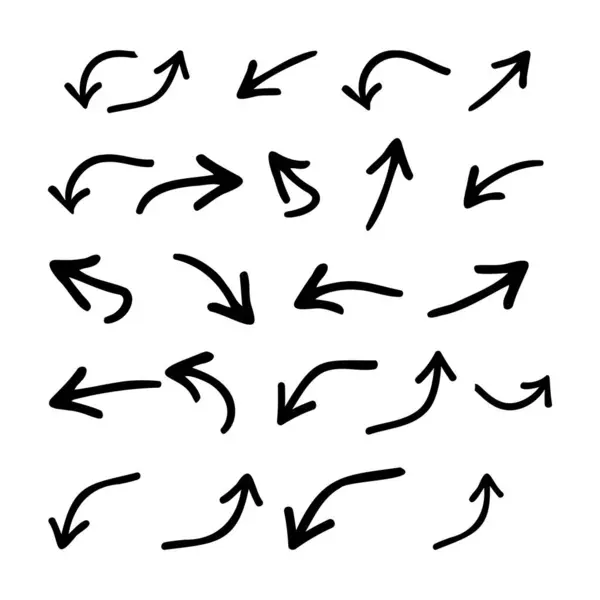 Beyaz arkaplanda kusurlu ve kusurlu bir stile sahip çeşitli şekil ve yönlerde el yapımı karalama okları.