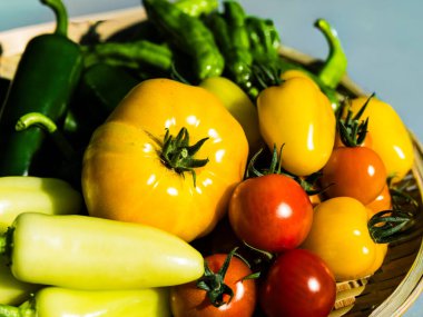 Canlı organik kiraz domatesleri, aile yadigarı domatesler, sarı ve yeşil jalapeolar ve dokuma sepetinde sergilenen biberler. Renkli bir çiftlik-taze sebze kompozisyonu hasat, sağlık ve aşçılık ilhamını sembolize ediyor..