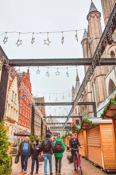 December 2019 Gent België Kerstmarkt Paviljoens Dennenbomen — Stockfoto