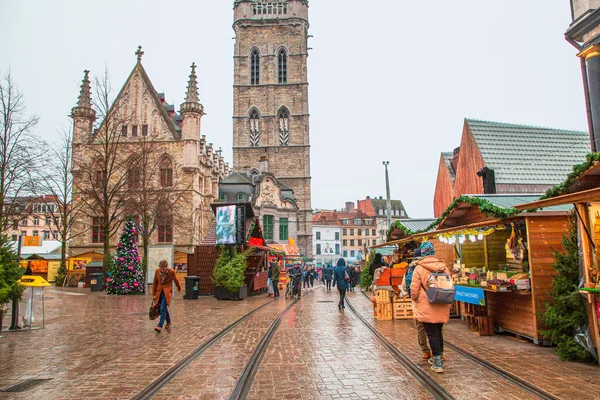 Dezembro 2019 Ghent Bélgica Mercado Natal Cidade Velha Decorações Festivas — Fotografia de Stock