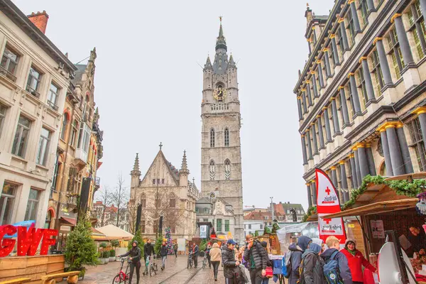 December 2019 Gent België Kerstmarkt Oude Stad Feestelijke Decoraties Verlichting — Stockfoto