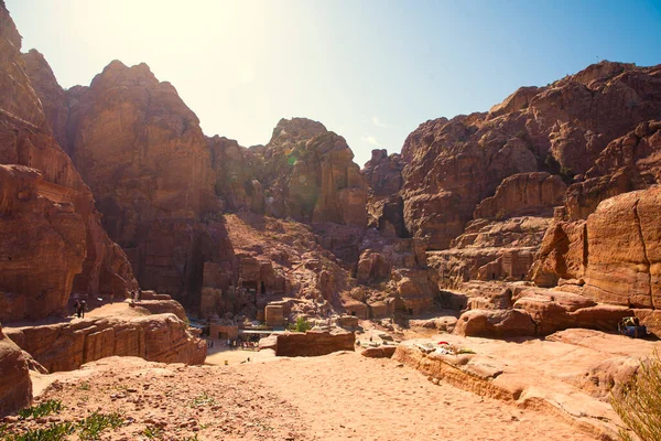 Petra Ancien Parc Archéologique Bâtiment Sculpté Paysage Montagnes Rouges — Photo