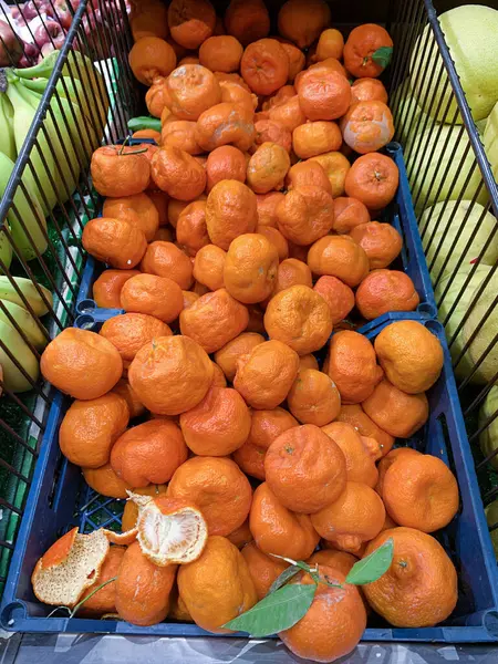 Sortimento Mandarinas Frescas Supermercado Mercado Vista Superior Close — Fotografia de Stock