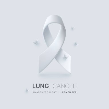 Kasım ayı akciğer kanseri farkındalığı ayı. Beyaz arka planda kelebekli üç boyutlu gerçekçi bir kurdele. Tıp, bilim veya eğitim için solunum organı tasarımı