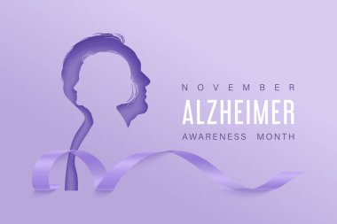 Yaşlı adam ve kadının kağıt kesikli siluetleri ile Alzheimer farkındalığı kavramı. Mor kurdeleli vektör yatay posteri