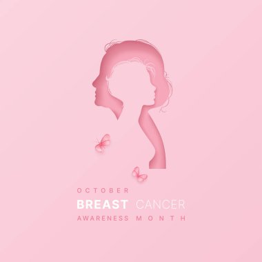 Göğüs kanseri farkındalığı kavramı, kağıt kesikli yaşlı ve genç bir kadının kelebeklerle pembe bir zemin üzerindeki siluetleri.