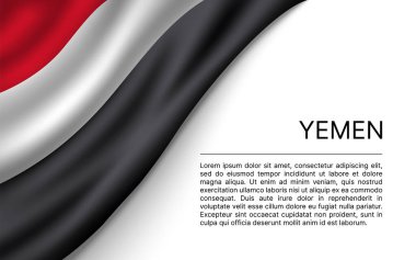 Vector banner design with realistic state flag of Yemen on a white backdrop with place for text. Red, white, black tricolored flag of Republic of Yemen clipart