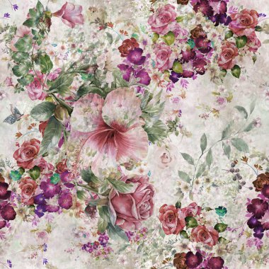 Yaprak ve çiçeklerin suluboya resmi, beyaz arkaplanda pürüzsüz desen