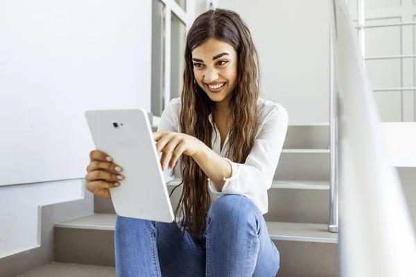 Young Woman Watching Something Her Digital Tablet Copy Space Cropped — Stock Photo, Image