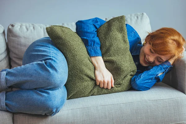 Young Girl Touch Stomach Suffers Severe Ache — Stock Photo, Image