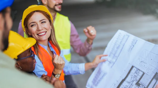 Group Successful Engineers Holding Blueprint Construction Site — Stock Photo, Image