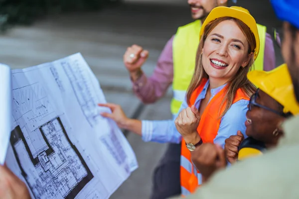 Group Successful Engineers Holding Blueprint Construction Site — Stock Photo, Image