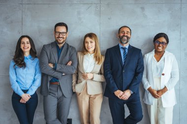 Resmi iş kıyafetleri içinde çok ırklı bir grup insan sıraya dizildi. Duvarın önünde duran bir grup iş adamı. Gri arka planda sıra bekleyen bir grup insanın stüdyo görüntüsü.