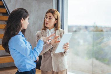Portrait of two young business woman having a meeting or presentation and seminar standing in the office. Portrait of a young business woman talking. 