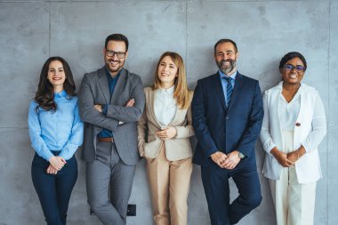 Gri bir arkaplana karşı poz veren bir grup iş adamının stüdyo portresi. Çok ırklı erkek ve kadın profesyonellerin portresi. İş arkadaşları duvarın önünde duruyor..