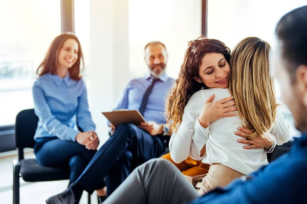 Support Group Gathering Meeting Young Woman Discussing People Entrance Hall — Stock Photo, Image