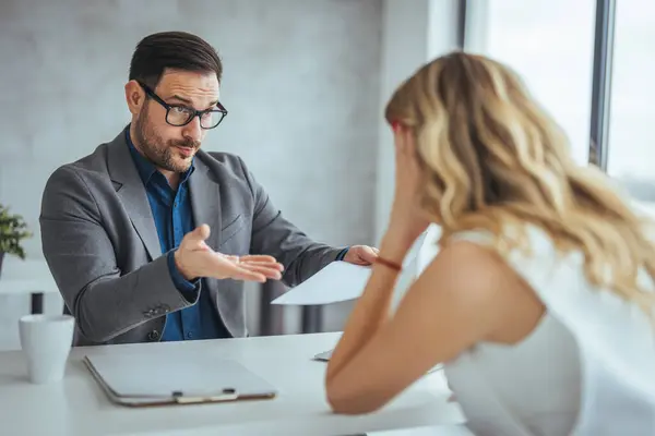 Boss Threatening Finger His Employee Office Angry Mean Boss Yelling — Stock Photo, Image
