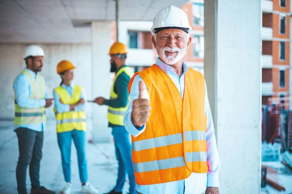 Engineer Giving Sign Construction Site Portrait Happy Architect Clipboard Gesturing — Stock Photo, Image