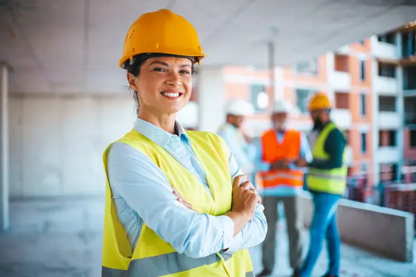 Portrait Woman Engineer Building Site Looking Camera Copy Space Mature — Stock Photo, Image