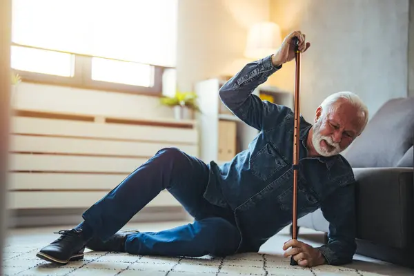 Senior Man Falling Ground Walker Living Room Home Elderly Older — Stock Photo, Image