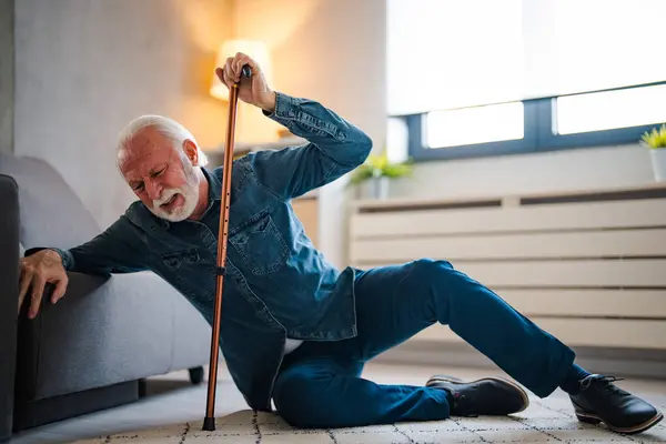 Senior Man Falling Ground Walker Living Room Home Elderly Older — Stock Photo, Image