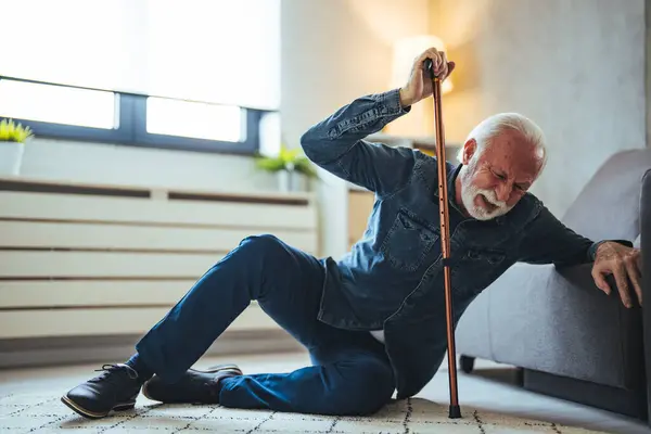 Injured senior male groaning in pain while he tries to get up with a stick after fall at home. He holds his lower back and can barely stand up. Senior Man Fallen On Carpet With Walking Stick
