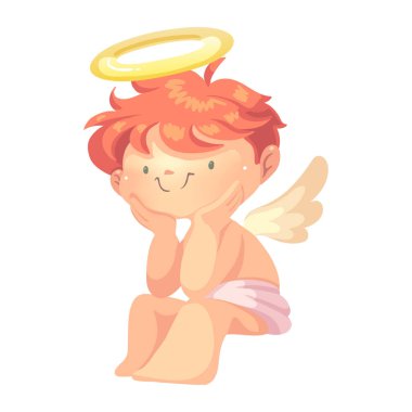 Melek küçük çocuk, kafası ellerinin arasında oturuyor. Vektör İllüstrasyonu