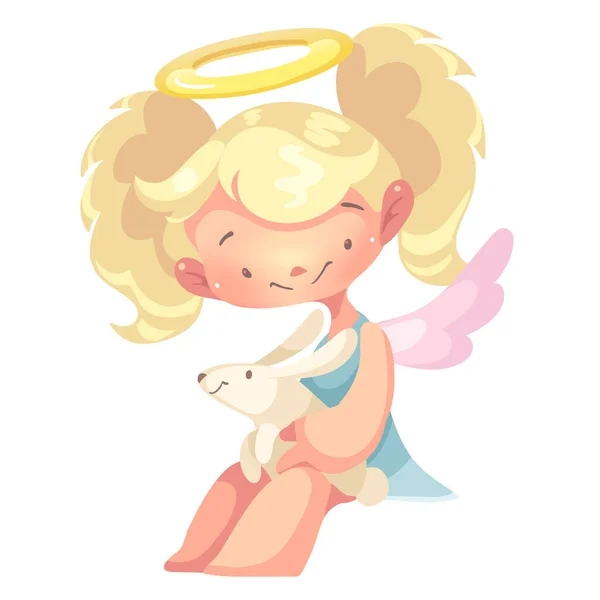 Angel Girl Sits Cloud Rabbit Vector Illustration — Stock Vector