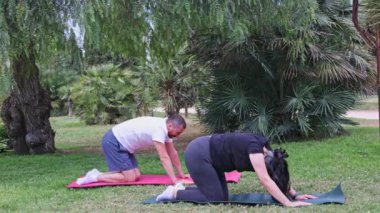 Bir çift parkta paspasın üzerinde spor yapıyor. Spor salonu açık havada..