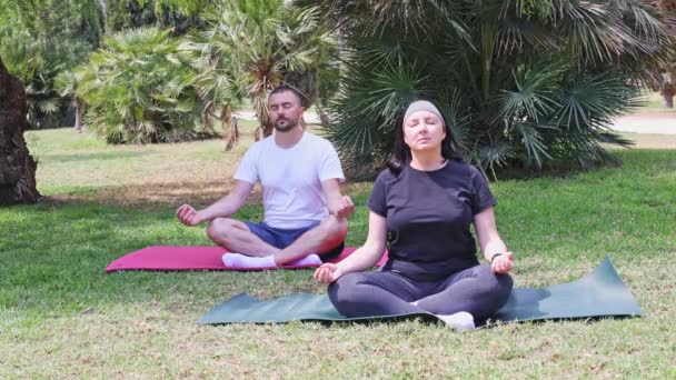Una Coppia Pratica Yoga Mentre Siede Una Posizione Loto Tappeto — Video Stock