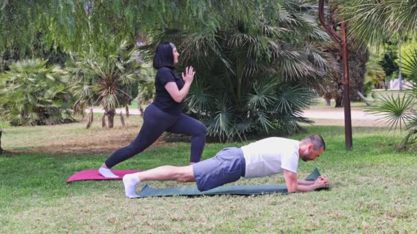Couple Practices Outdor Fitness Mat Park Fitness Workout Outdoors — Stock Video