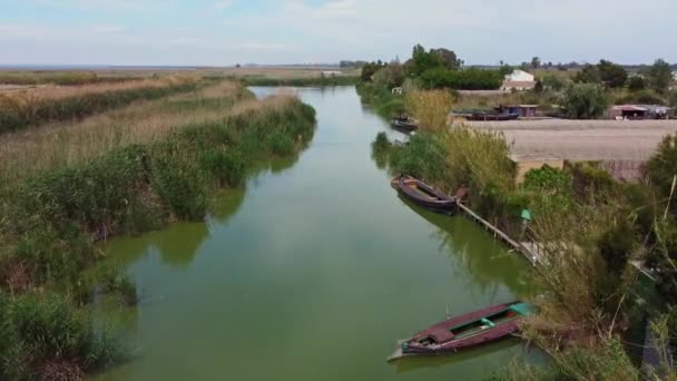 Penerbangan Dari Drone Sepanjang Sungai Dengan Perahu Dan Semak Semak — Stok Video
