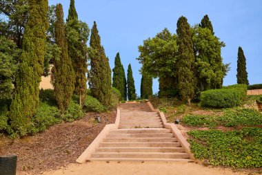 Ancent Park 'taki merdivenler, ağaçlarla çevrili. Cartagena, İspanya.