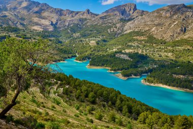 Guadalest rezervuarının manzarası. İspanya 'nın Alicante eyaletinde Guadalest' in doğasında mavi gökyüzüne karşı uzanan yeşil ağaçlarla çevrili sakin bir turkuaz gölü.