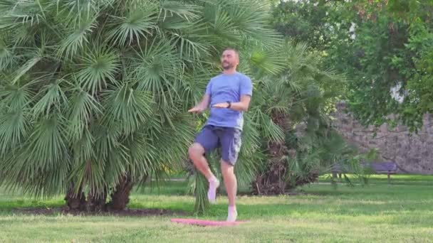 Medelålders Kaukasiska Mannen Gör Fitnessövningar Fitnessmatta Offentlig Park Utomhus Hälsosam — Stockvideo