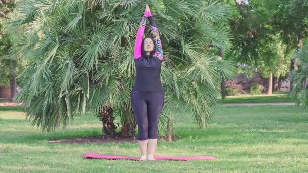 Middelbare Leeftijd Blanke Vrouw Doet Yoga Oefeningen Fitness Mat Het — Stockvideo