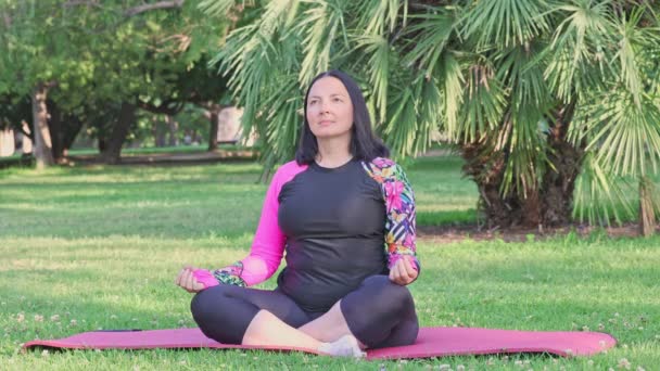 屋外の公園でハスの位置にヨガマットに座っている中年の白人女性 健康的なアクティブライフスタイル — ストック動画
