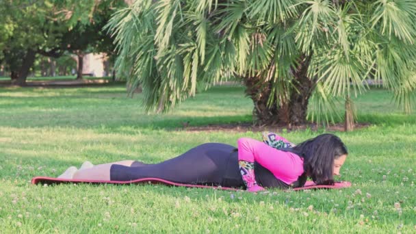 Donna Caucasica Mezza Età Che Esercizi Stretching Sul Tappeto Fitness — Video Stock