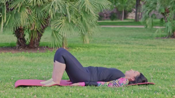 Kaukasische Frau Mittleren Alters Bei Fitnessübungen Auf Fitnessmatten Öffentlichen Park — Stockvideo