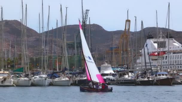 西班牙 卡塔赫纳 2023年4月30日 该小组在卡塔赫纳港驾驶游艇进行小型帆船航行 — 图库视频影像