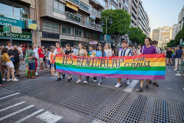 Valencia, İspanya - 24 Haziran 2023: Valencia 'da LGBT Gay Gururunu kutlayan protestocular. Homoseksüel, lezbiyen, insan hakları, Igbt gurur kavramı.