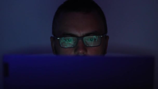 Closeup Olhos Homem Óculos Tarde Noite Rolando Frente Laptop Com — Vídeo de Stock