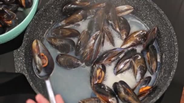 Kagylót Sütni Egy Serpenyőben Otthon Szakács Egy Tálba Teszi Kagylókat — Stock videók