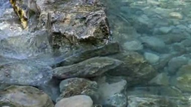 Bir dağ nehrindeki kristal berrak su ve taşlara yaklaş. Les Fonts de l 'Algar, İspanya.