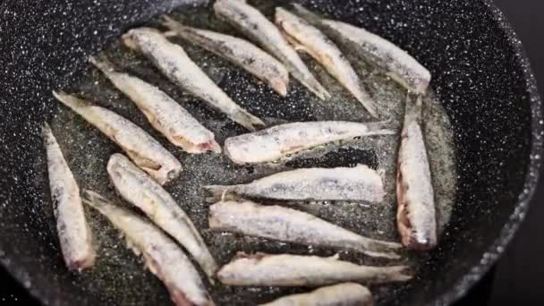 Крупним Планом Кухар Готує Анчоусову Рибу Риба Смажена Олії Сковороді — стокове відео
