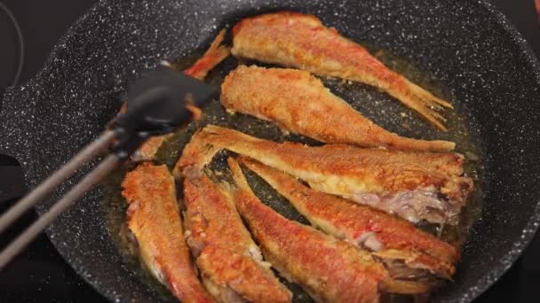 물고기를 요리사의 클로즈업 팬에서 직선에 사용하여 실시간 — 비디오