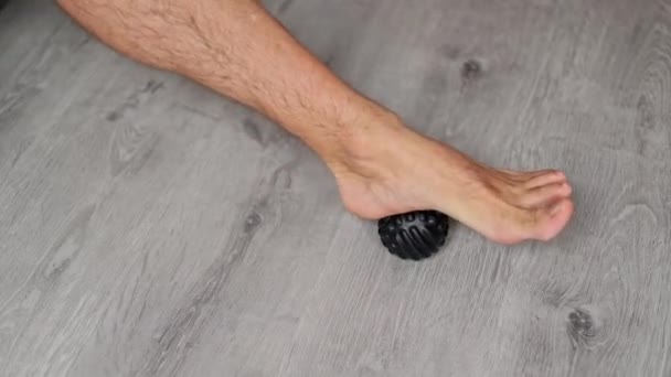 Close Man Foot Steps Massage Ball Relieve Plantar Fasciitis Heel — Stock Video