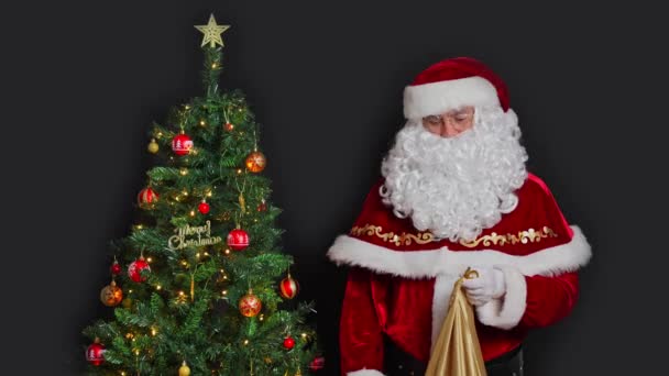 Santa Claus Stands Next Christmas Tree Takes Box Gift Gift — Stock Video